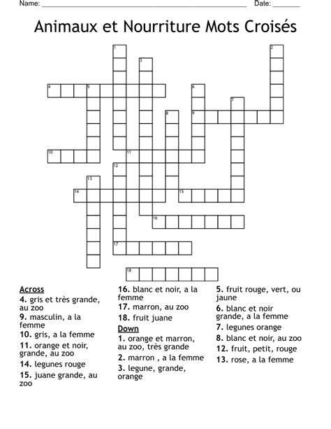 Animaux et Nourriture Mots Croisés Crossword WordMint