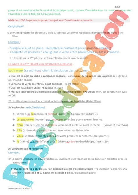 Passé composé conjugué avec lauxiliaire être ou avoir Cm2 Fiche de