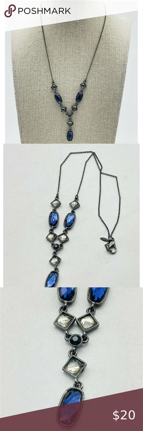 Avon Signed Cobalt Blue Rhinestone Necklace Gunmetal Tone Victorian