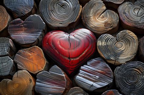 Premium Photo A Red Heart Sitting On Top Of A Pile Of Wood