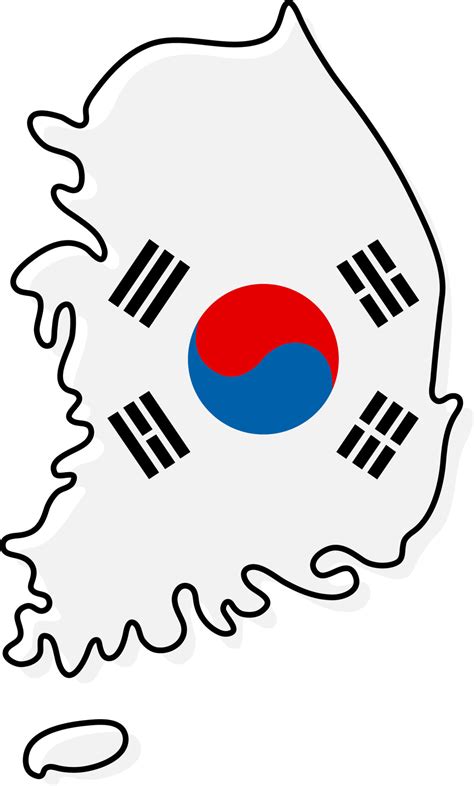 Stylized outline map of South Korea with national flag icon. Flag color ...