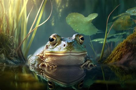 Premium Photo | Close frog in summer pond ai generative