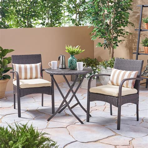 Nasir Outdoor 3 Piece Wicker Bistro Set With Cushions Multi Brown