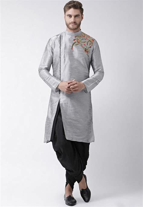 Buy Embroidered Dupion Silk Dhoti Kurta In Light Grey Online MVE2347