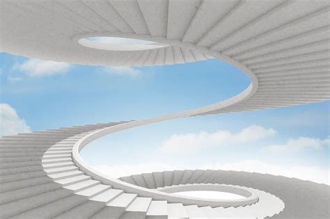 There Is A White Spiral Staircase Going Up To The Sky With Clouds In