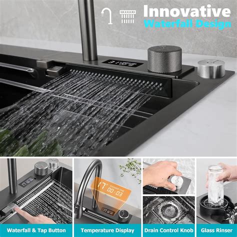 Mwidciew Smart Kitchen Sink Gunmetal Gray Stainless Steel Waterfall