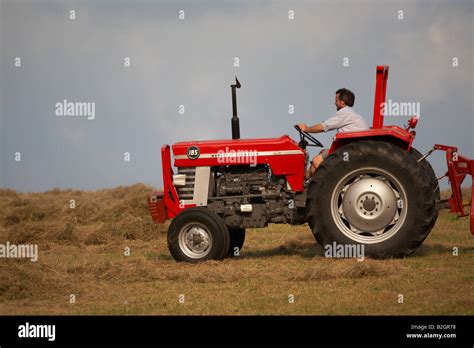 Farmer Sitting On A Massey Ferguson 185 Old Tractor In A Field Making Hay County Down Northern