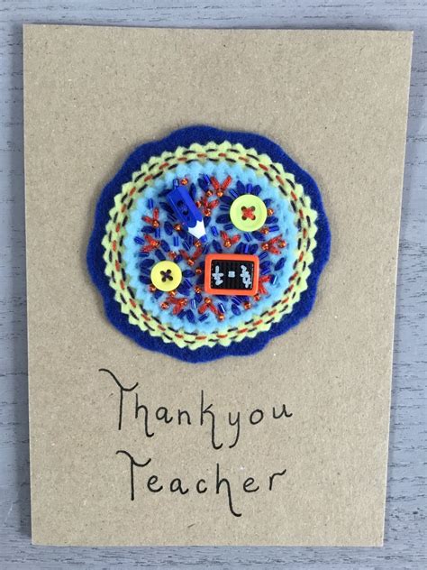 Hand Embroidered Thank You Teacher Card Folksy