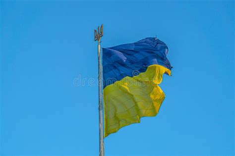 Ukraine Flag Large National Symbol Fluttering In Blue Sky Large Yellow