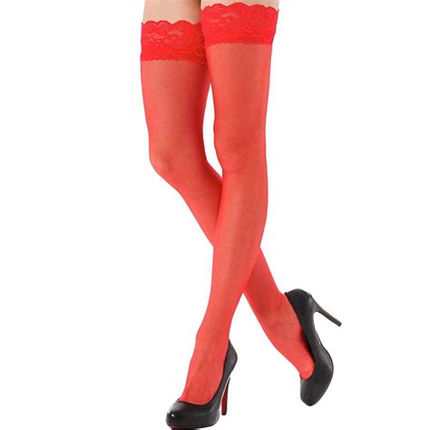 Shirley Of Hollywood Sheer Lace Top Thigh High Stockings One Size Red