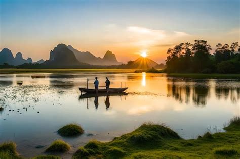 Premium Photo | A boat with people in it is on a lake at sunset.