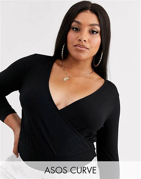 Asos Design Curve Bodysuit With Wrap Front In Black Asos