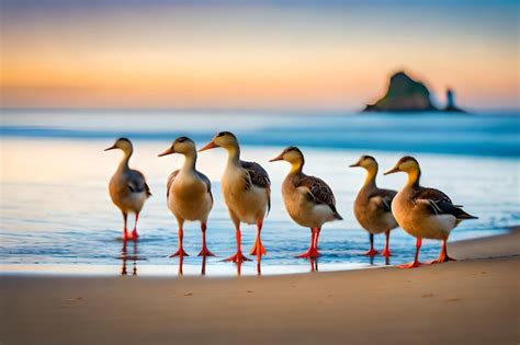 Una Bandada De Patos Se Encuentra En Una Playa Al Atardecer Foto Premium