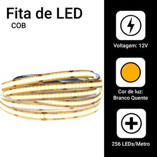 Fita Led Cob 5 Metros 12v Ip20 256led Por Metro Luz Branco Quente