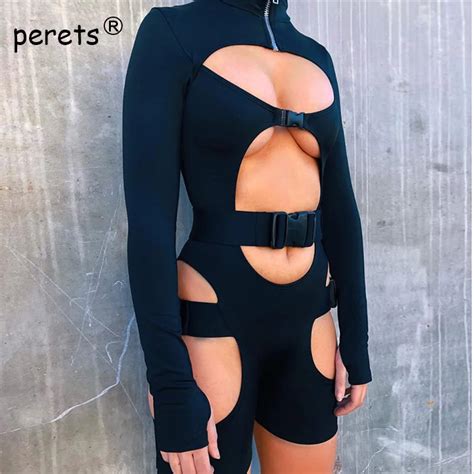 Sexy Hollow Out Bodysuit Long Sleeve Hight Neck Hole Bodysuits Jumpsuit