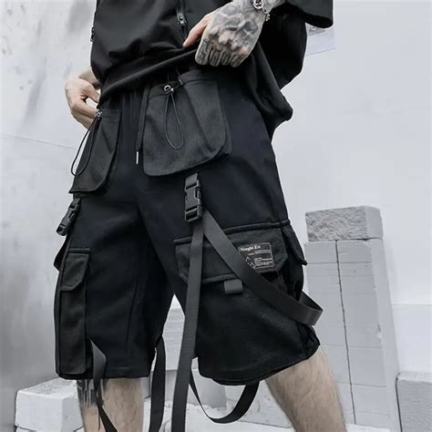 Men Summer Ribbons Hip Hop Cargo Shorts Casual Streetwear Shorts Mens