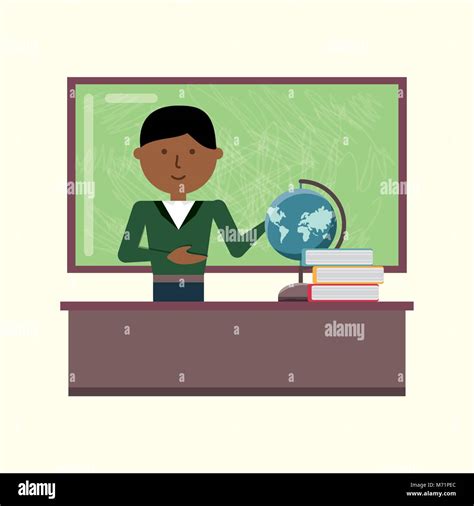 Cartoon school teacher standing at the desk with books and geography tool over white background ...