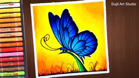 Easy Butterfly Scenery Drawing With Oil Pastels Step By Step Youtube