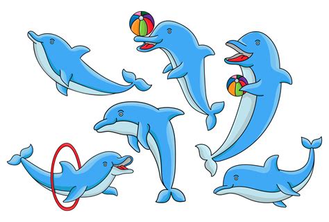 Dolphins With Balls Cute Cartoon Blue Dolphin Character Play Jump