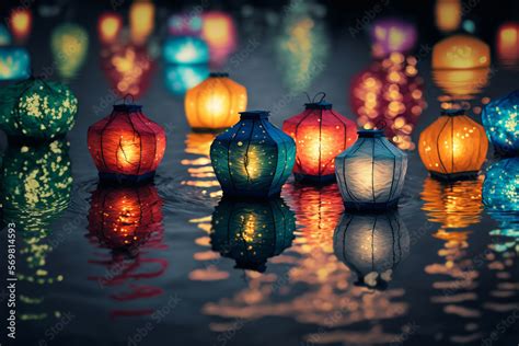 Paper lanterns float on dark water. Traditional Floating Lantern ...