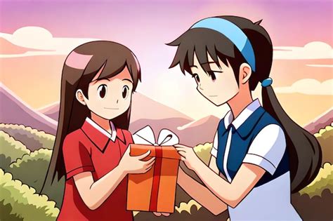 Premium Photo A Cartoon Of Two Girls Giving A Gift To A Girl