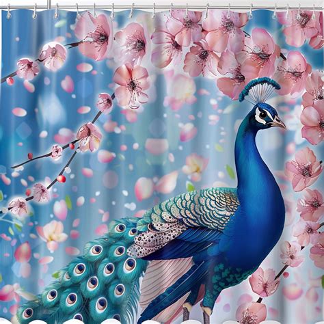 Blue Peacock And Pink Flowers Cherry Blossom Shower Curtain Print Soft