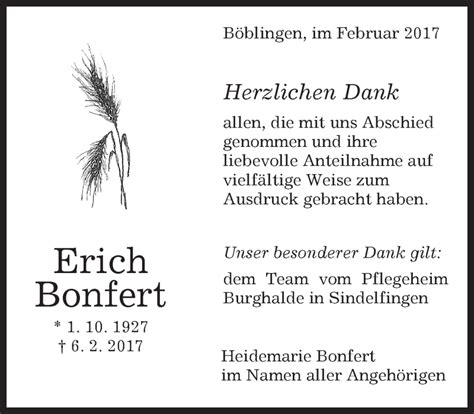 Traueranzeigen von Erich Bonfert Kreiszeitung Böblinger Bote