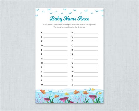 Baby Name Race Game Printable Under Water Fishes Baby Shower Games