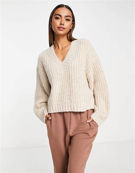 Asos Design Premium Chunky V Neck Oversized Sweater In Fluffy Yarn In