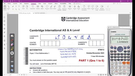 9709 12 O N 23 Caie As And A Level Pure Mathematics 1 Oct Nov 2023 Paper 12 Part 1 Qns 1 To