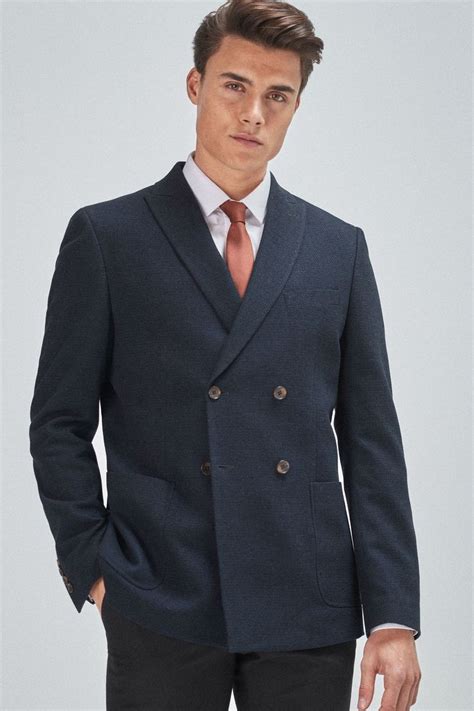 Mens Next Navy Double Breasted Slim Fit Textured Blazer Blue In 2021 Double Breasted Suit