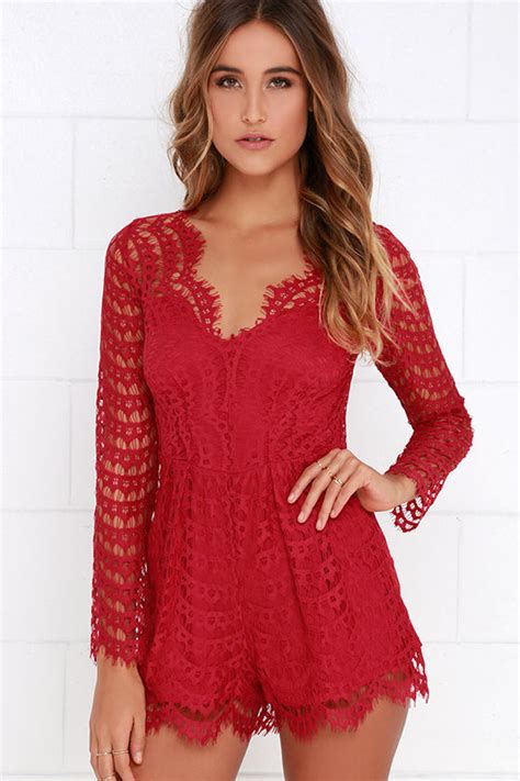 Cute Red Romper Red Lace Romper Long Sleeve Romper 6400 Lulus