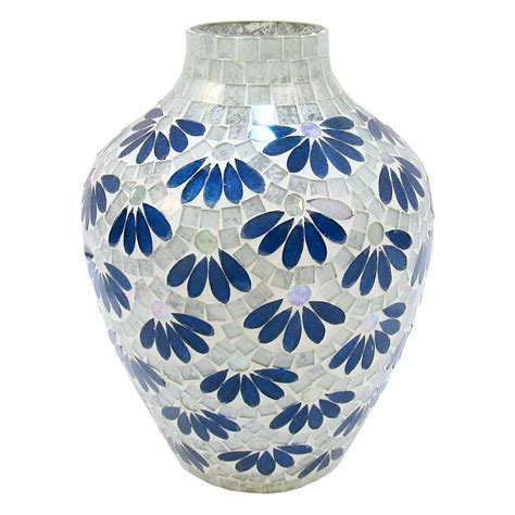 Add Elegance To Your Decor With This Blue Floral Mosaic Glass Vase By