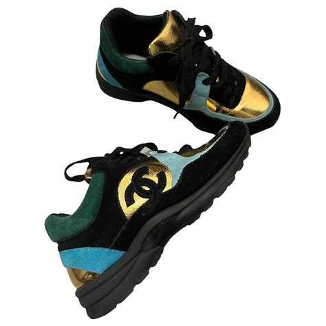 Scarpe Da Ginnastica Chanel 37 Nero Blu D Oro Verde Scuro Pelle Joli