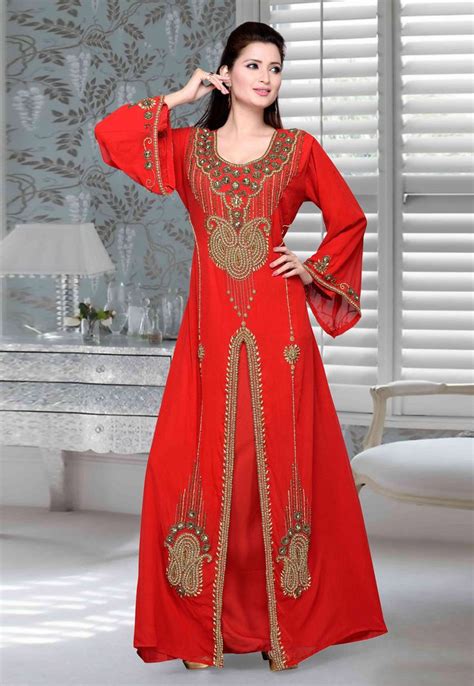 Red Faux Georgette Embroidered Readymade Kaftan Long Sleeve