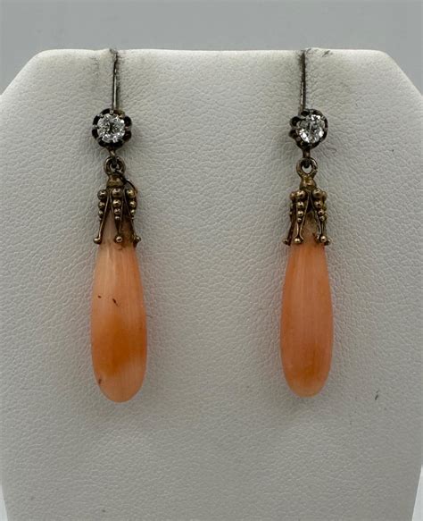 Victorian Coral Old Mine Diamond Earrings Dangle Drop Antique Etruscan