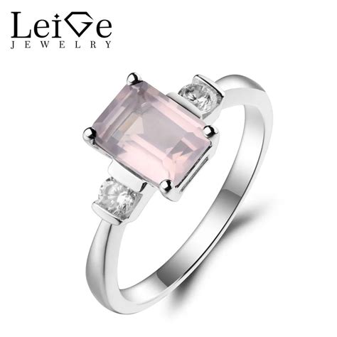 Leige Jewelry Natural Pink Quartz Ring Anniversary Ring Emerald Cut