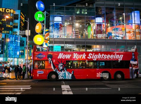 Tour Bus On The Road At Night Times Square Manhattan New York City