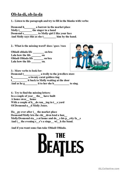 Beatles Song English Esl Worksheets Pdf Doc