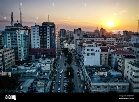 (EDITOR'S NOTE: Image taken with a drone.)Aerial view of Gaza City from ...