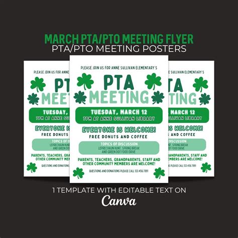 Editable March Pta Pto Meetings Flyer Canva Template Printable Etsy