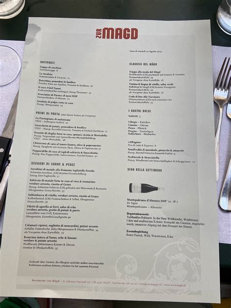 Menu da Zur Mägd Basilea St Johanns Vorstadt 29