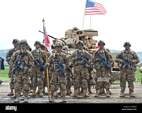 Us Army Soldiers From The 91st Cavalry Regiment Stand In Formation