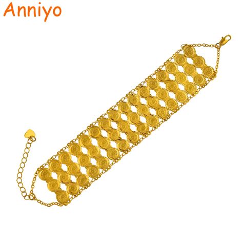 Anniyo 19cm Arab Bracelet Women Men Gold Color Coins Bangle Wholesale Islam Middle East Chain