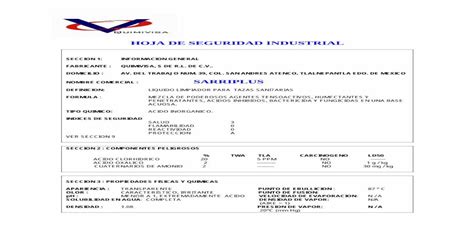 Hoja De Seguridad Industrial Sarriplus Quiacsa De De Seguridad Hoja