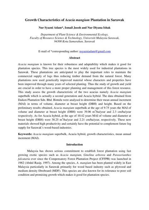 Pdf Growth Characteristics Of Acacia Mangium Plantation In