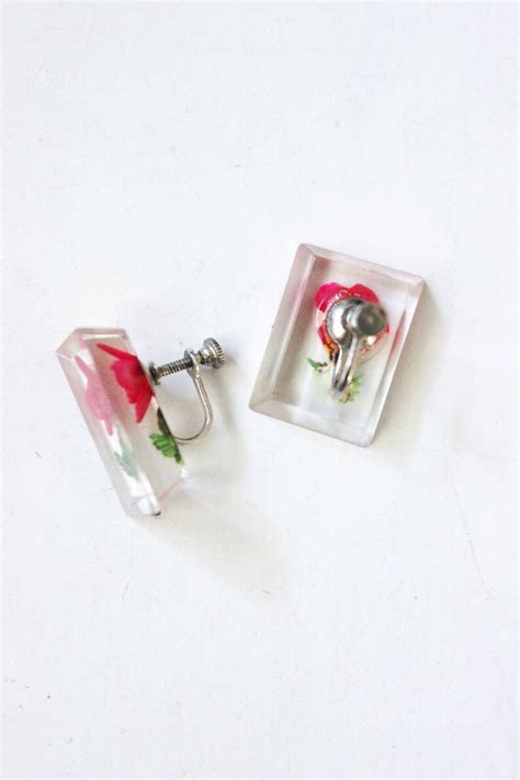 Lucite Flower Earrings Clear Resin Floral Pink Flowers Etsy