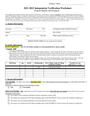 Fillable Online 2021 2022 INDEPENDENT VERIFICATION WORKSHEET FEDERAL