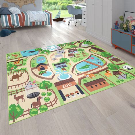 Paco Home Kinder Teppich Für Kinderzimmer Spiel Teppich Zoo Mit Tiger