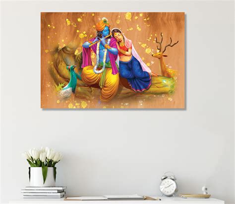 Buy Radha Krishna Oil Paint Teakwood Canvas Stretched and Framed Wall ...